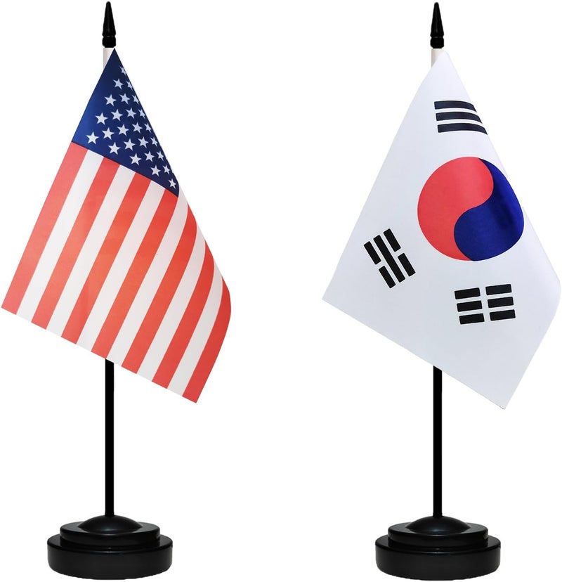 tibijoy USA American & South Korea S Korean Desk Flags, US South Korea Table Flag, Small Mini American & S Korean Twin Table Office Flag, Miniature S Korean and US Desktop Flag With 13" Solid Black Pole, Black Base - Image 1